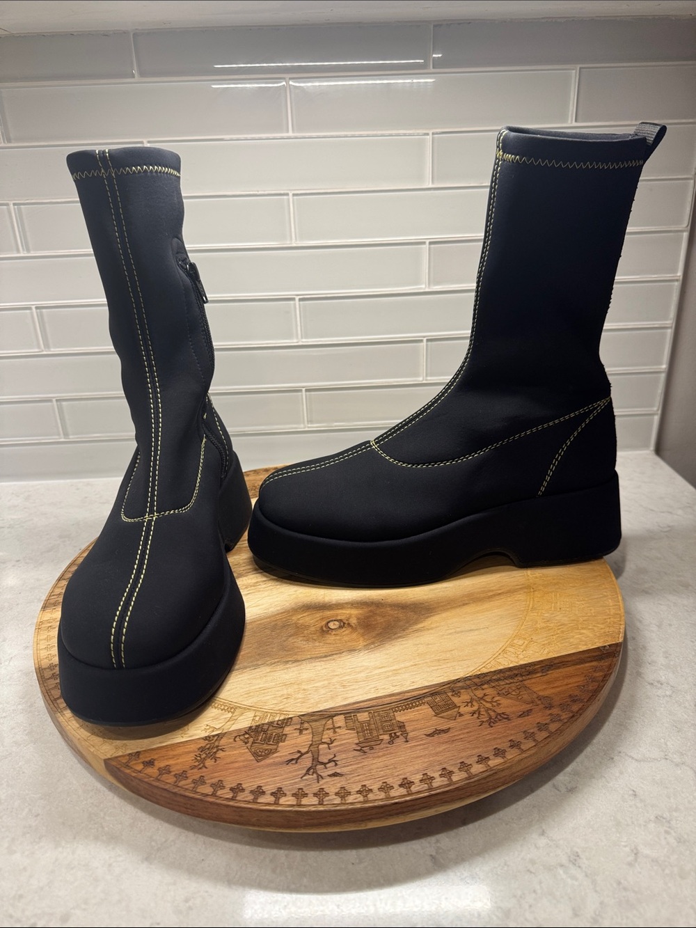 Ganni Black Platform Sock Boots with Contrast Stitching fit like US 9